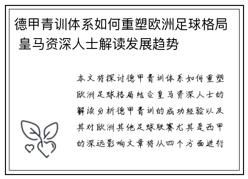 德甲青训体系如何重塑欧洲足球格局 皇马资深人士解读发展趋势