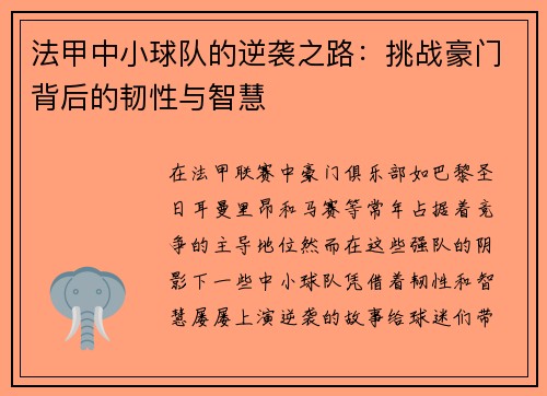 法甲中小球队的逆袭之路：挑战豪门背后的韧性与智慧